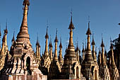 Rows of stupas in the Kakku (Kekku) Pagoda complex. The complex was kept hidden from the rest of the world until 2002 when it was opened to foreigners. Shan State, Burma (Myanmar). 